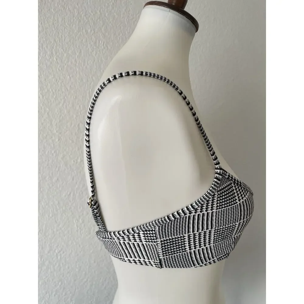 L*Space Swim Bikini Top Plunge Plaid Ivory Black Swimwear